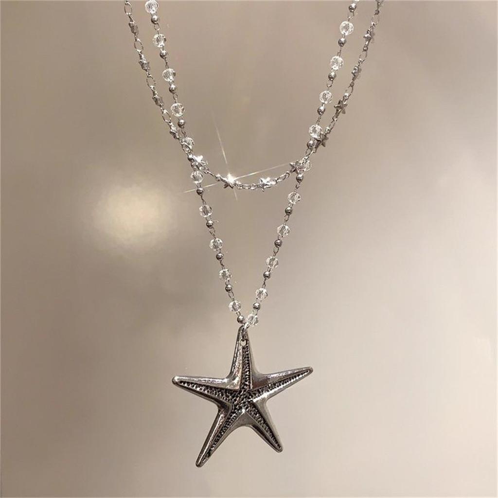 Double Layer Exaggerated Metal Big Starfish Pendant Necklace for Women Gothic Punk Crystal Beads Star Choker Y2K Party Jewelry