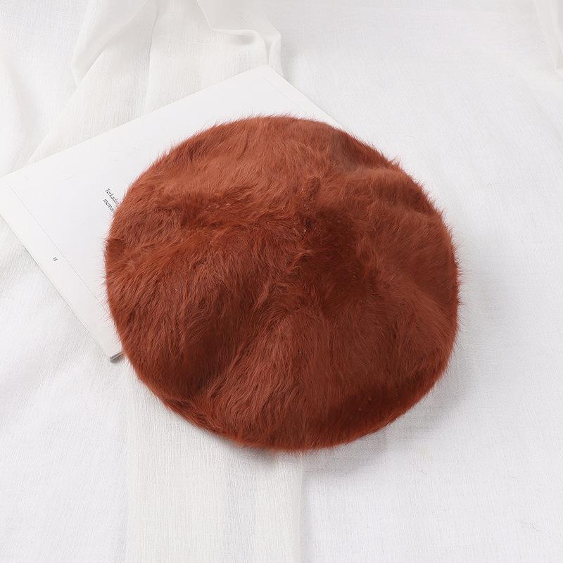 Winter Fake Rabbit Fur Beret Hats Women French Painter Hat Girls Solid Color Soft Berets Lady Fashion Flat Wool Berets
