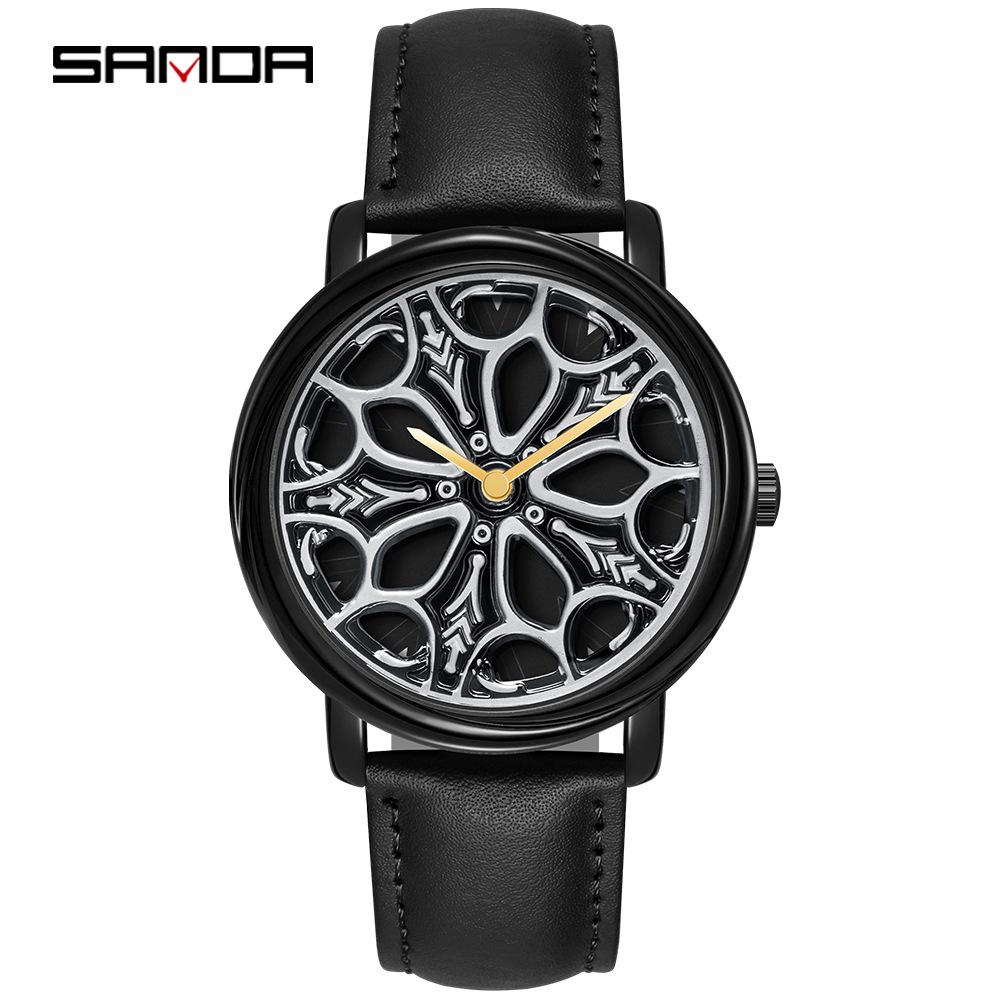 Sanda Cool Wheel Men's Skeleton Dial Leather Strap Waterproof Quartz Watch