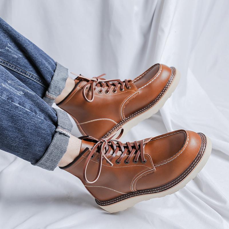 Scarpe Moda Autunno Inverno in Pelle Bovina da Uomo Marroni Business Casual Stivali con Zeppa Moda Maschile Nuovo Designer Lavoro Botas Hombre