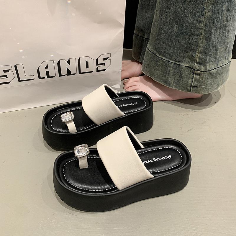 Rhinestone set of toe slippers for women s summer wear trendy new muffin thick bottom heightening one-word sandals 35 бежевый 2875₽