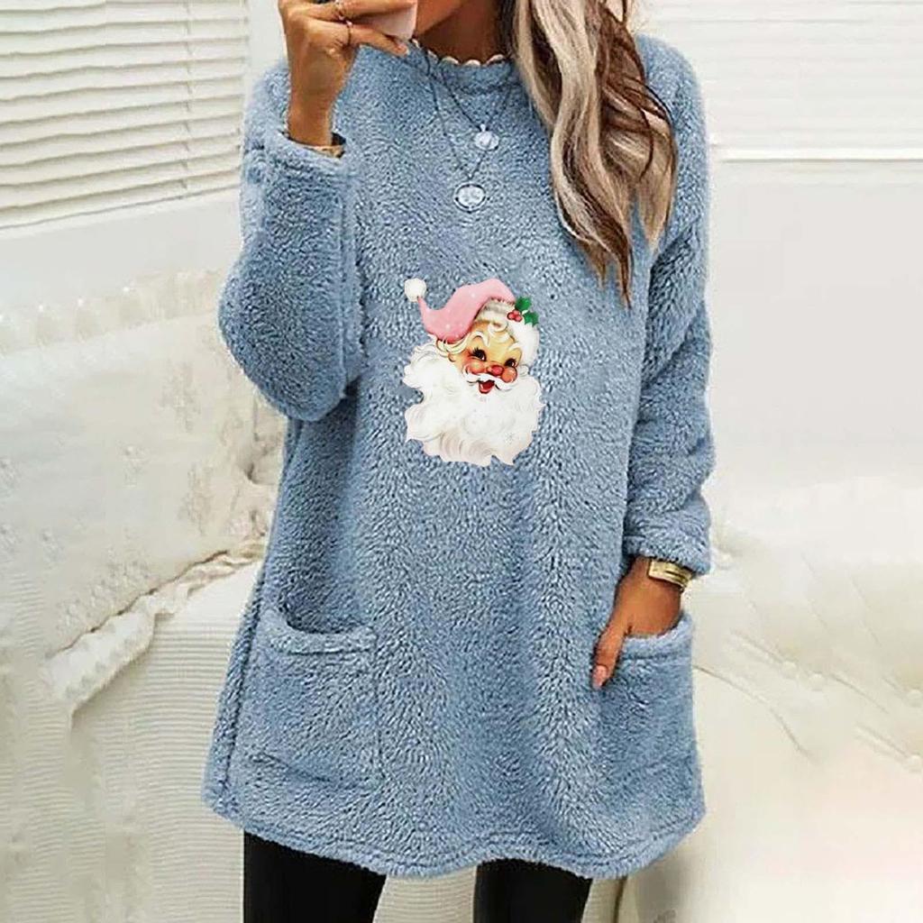 Women's Santa Claus Print Round Neck Long Sleeve Plush Pocket Top