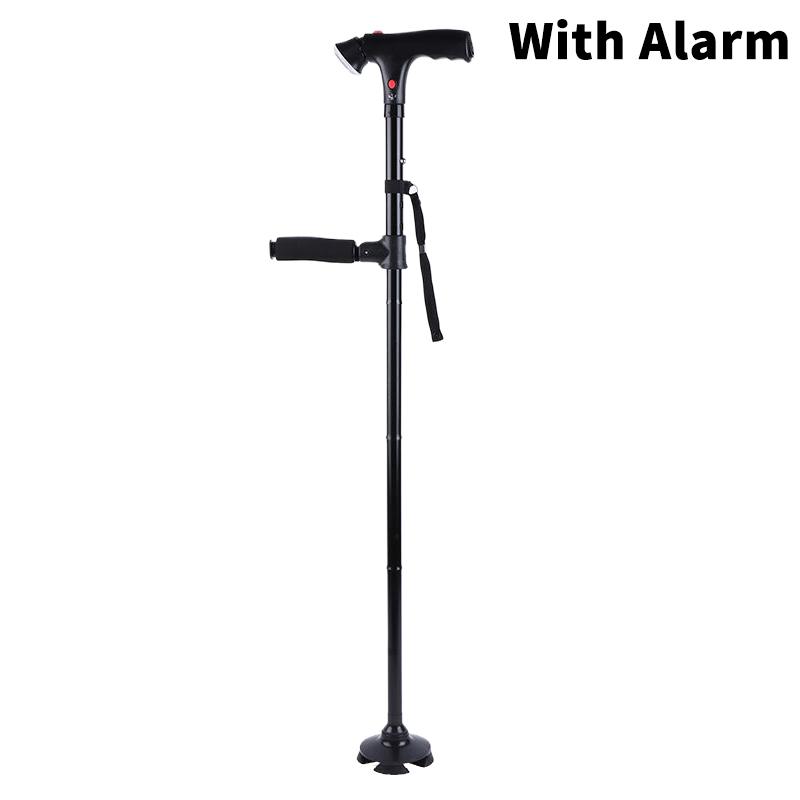 Folding Elderly Walking Stick With Buffered T Handle Pivoting Quad Base Anti-Slip Walking Stick Cane With Led Light And Alarm