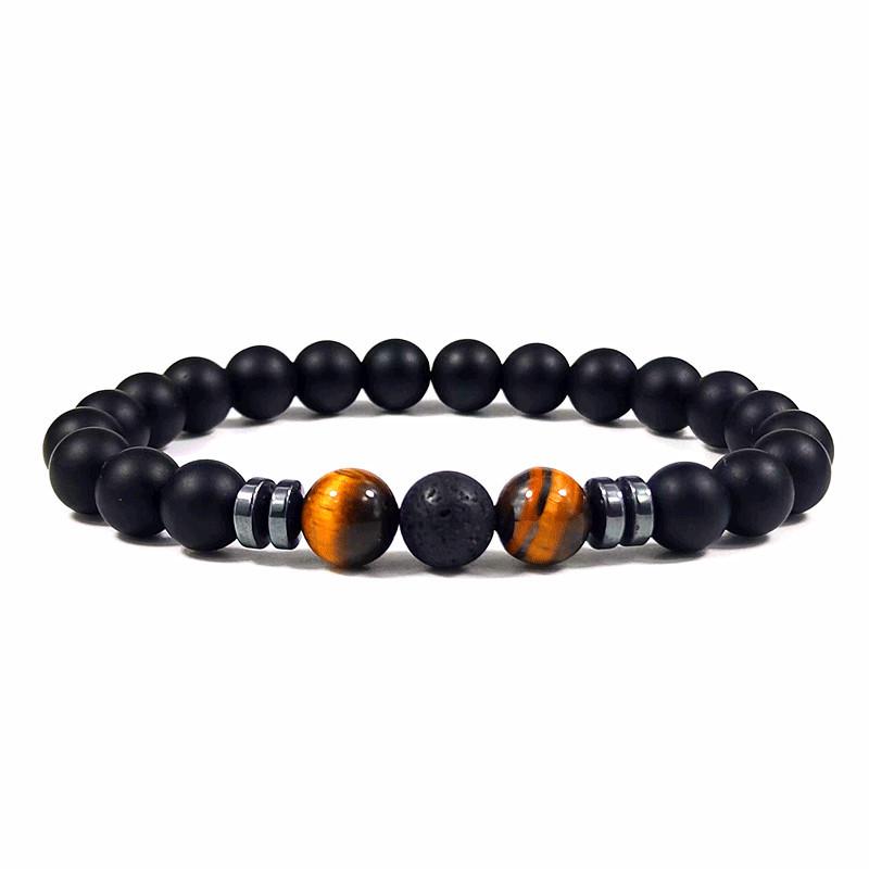 Unisex Tiger Eye & Volcanic Stone Elastic Bracelet - Natural Stone Jewelry for Couples