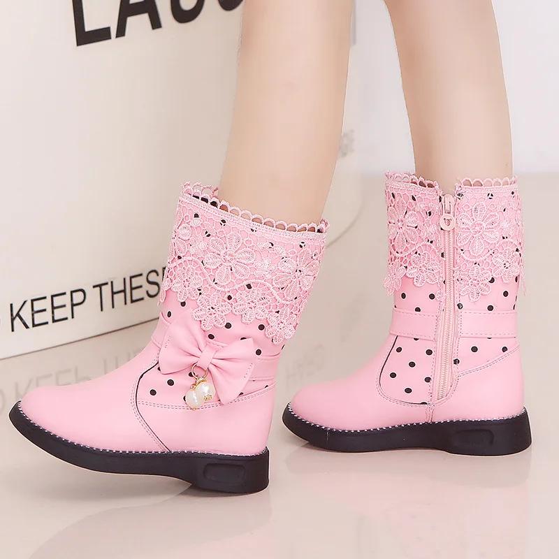 Children Fashion Leather Boots Versatile Lace Beautiful Elegant Princess Shoes PU Cotton Kids Shoes Classic Boots Drop Shipping