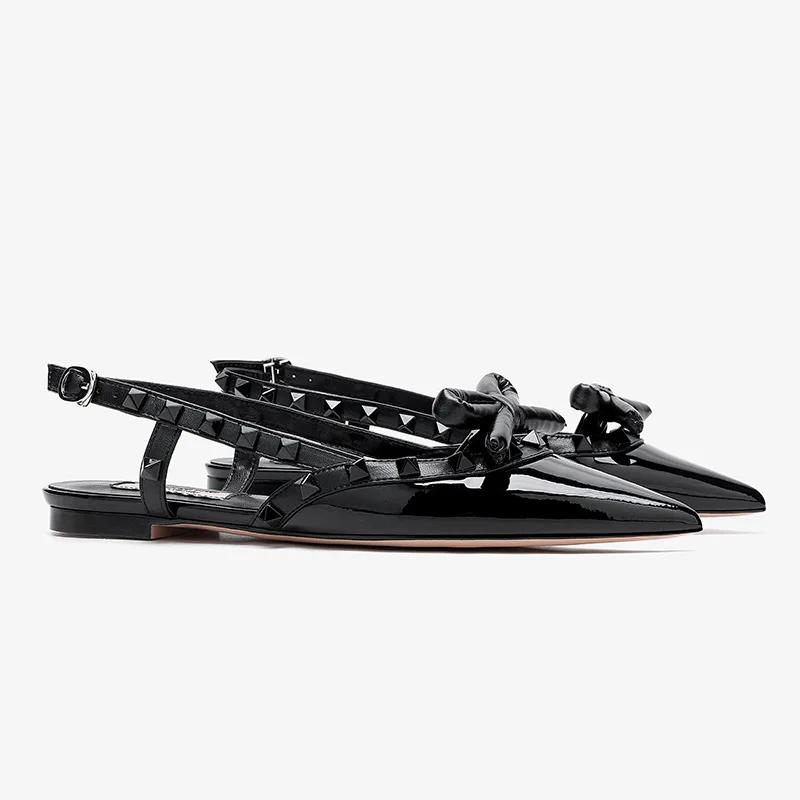 Fashion New Summer Rivet Bownot Solid Color Flat Sandals Fashionable Pointed Versatile Temperament Commuting Shopping Single Shoes 34-41
