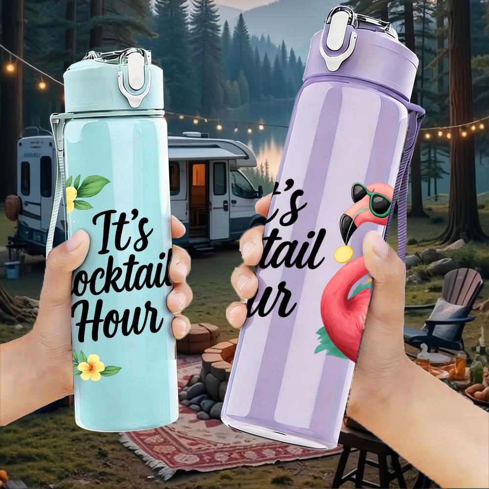 1PC Its Flockin Hour Flamingo Pattern 750ml Color Plastic Sports Water Bottle Leakproof Flip Straw Lid Suitable for Sports Office Home Use