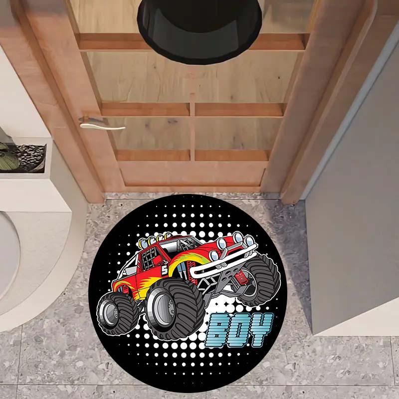 Monster Truck Runder Teppich Flanellteppich für Jungenzimmer Dekoration Rennauto Themenbereich Matte Rutschfest Weiche Bodenbedeckung Kinderzimmer