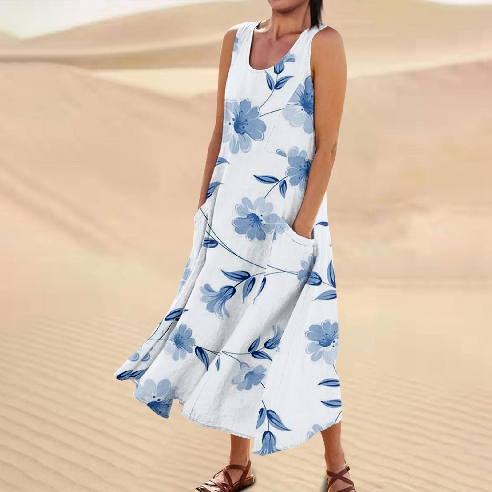 

Женское повседневное удобное хлопковое карманное платье без рукавов с цветочным принтом XXXXL белый