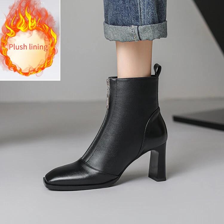 Fashion Genuine Leather Zipper 7.5cm High Heels Women's Short Boots Winter Black Beige Cowhide/sheepskin Short Plush Warm Women Boots 43