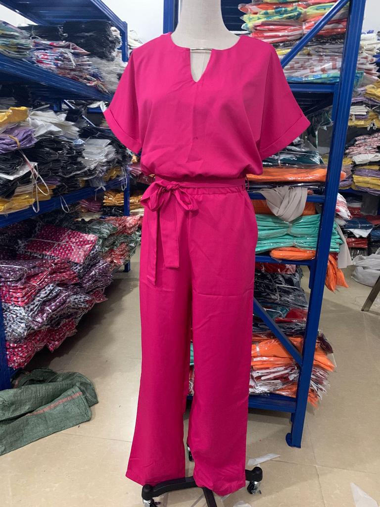 INS Summer V-neck Short Sleeve Elastic Waist Jumpsuit with Patch Pockets for Women