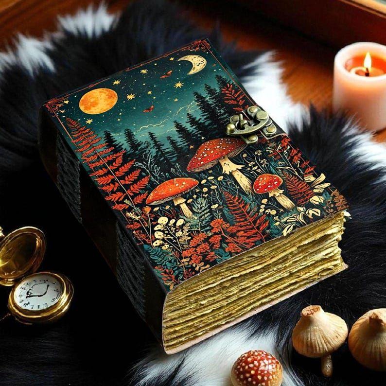 Mushroom Leather Grimoire: Handmade Deckle Edge Book of Shadows