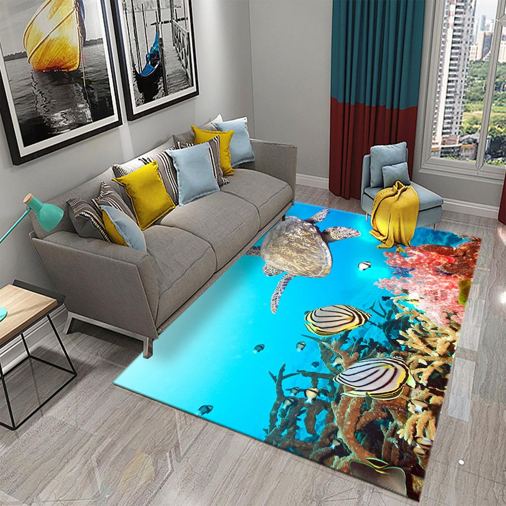 Underwater World Ocean Theme Carpet Cute Dolphin Octopus Sea Turtle Pattern Anti-slip Floor Mat for Living Room Bedroom Bathroom