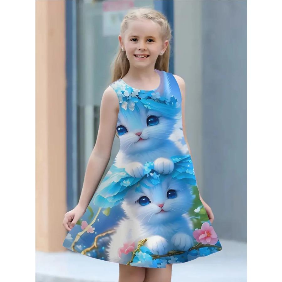 Summer Children's New Cute Cat 3D Pattern Sleeveless Dress Loose Soft Casual Style Outdoor Party Clothing for Girls Daily