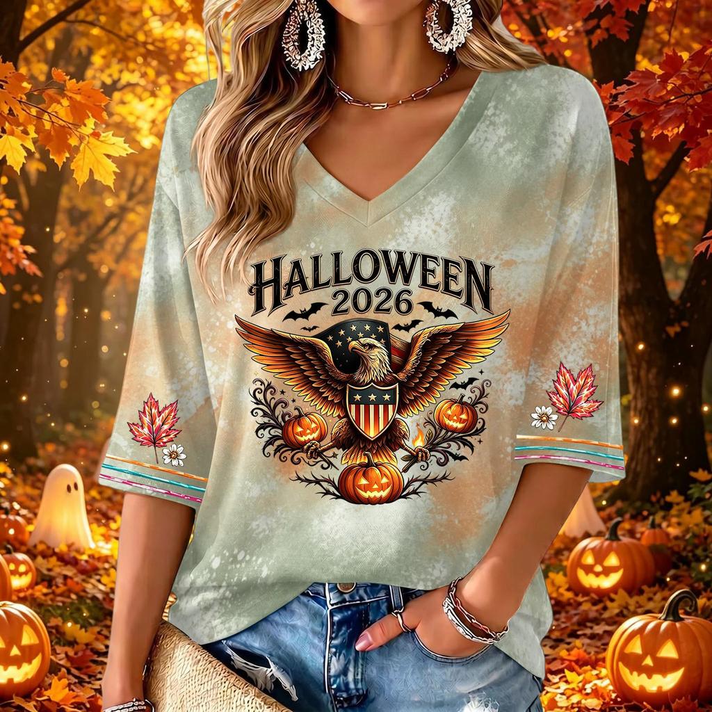 Women's Stylish V-Neck Halloween Print Three-Quarter Sleeve Casual Top for Party