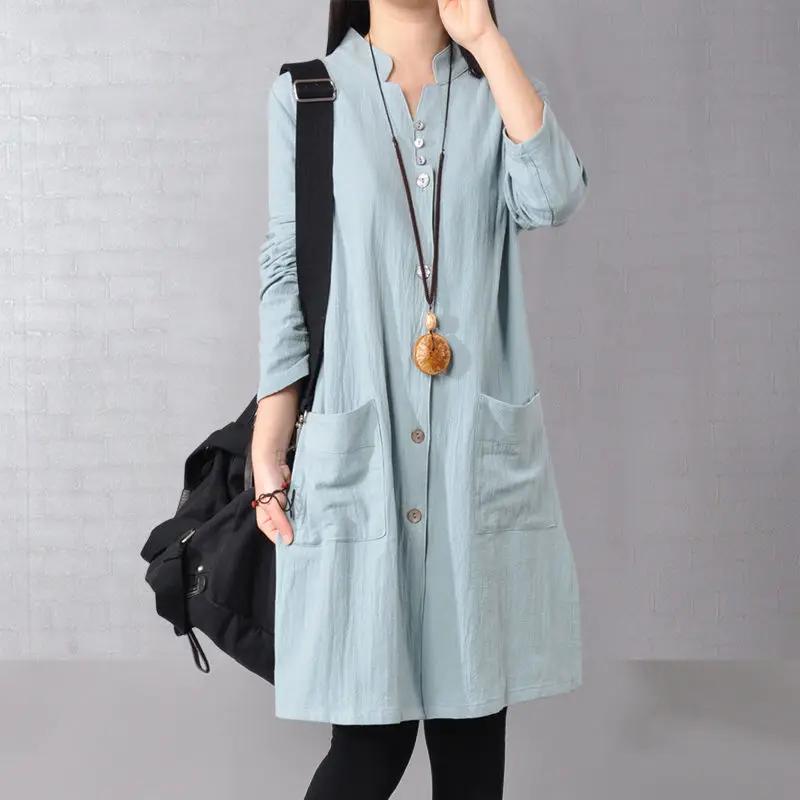 Women's Spring V-Neck Button Long Sleeve Top Shirt Loose Bottom Dresses