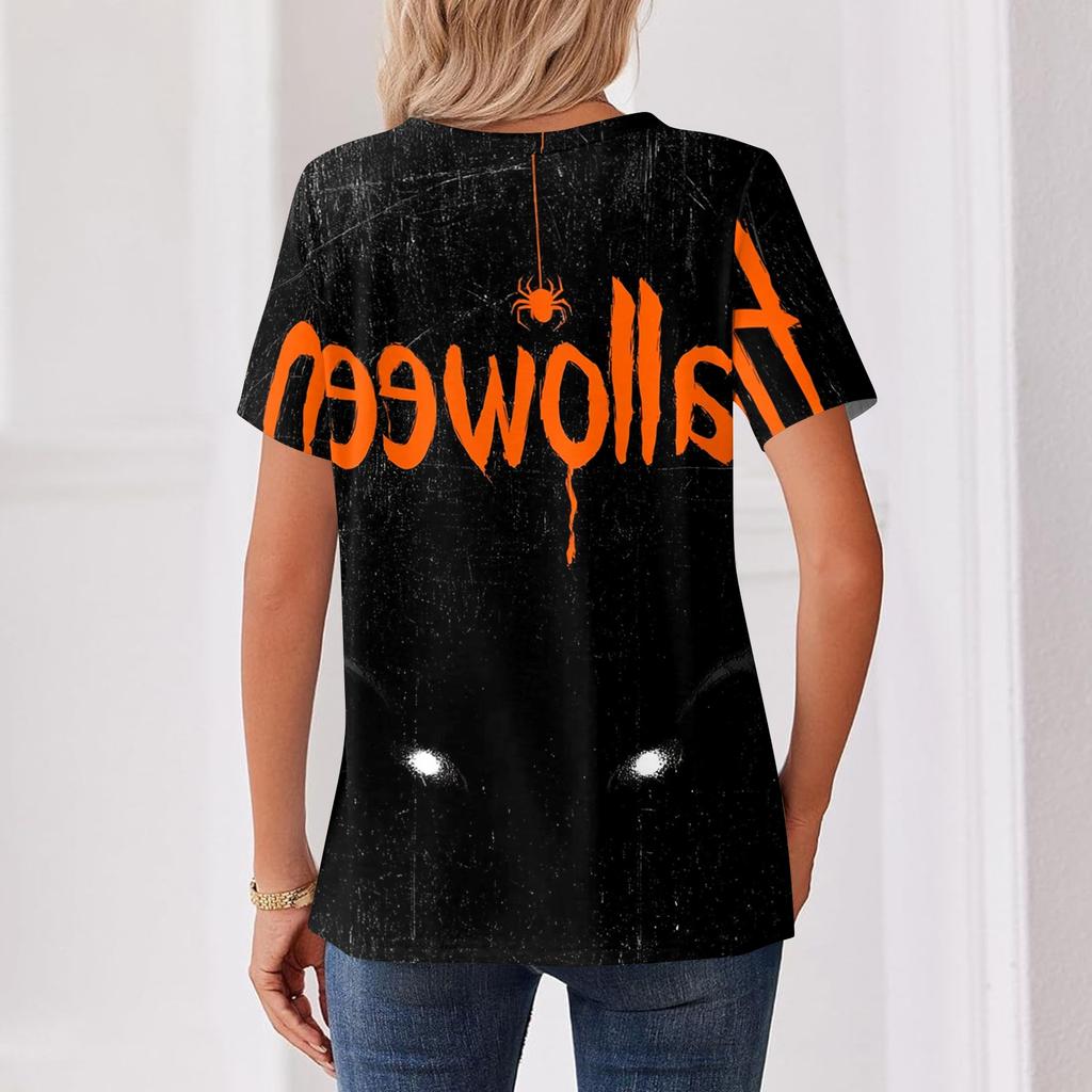 Women's Casual Halloween Print V Neck Short Sleeve Button Front T Shirt Lightweight Top for Everyday Wear