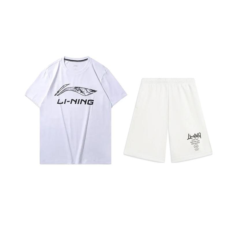 Li Ning Letter Logo Print Comfortable Training Breathable Versatile Crew Neck Pullover Short Sleeve T-Shirt Casual Sports Suit YHST165-1+AKST593-7
