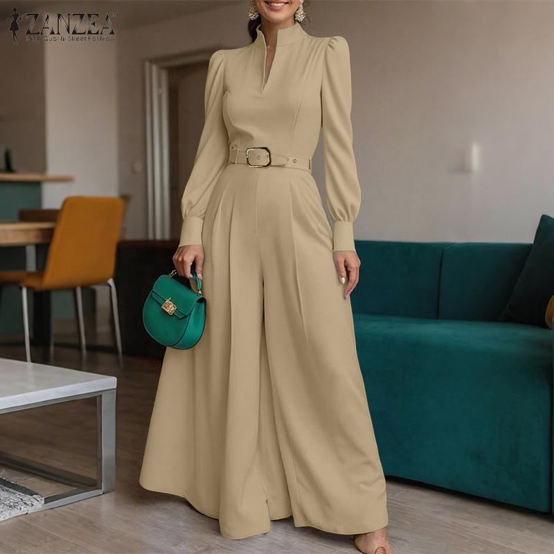 ZANZEA Damen Casual V-Ausschnitt Locker Langarm Weitbein Jumpsuits