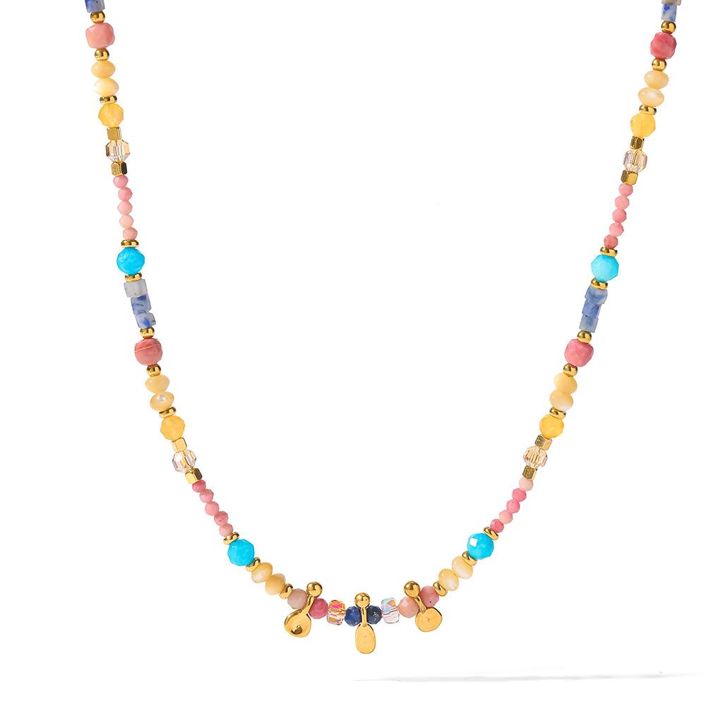 European and American colorful dopamine natural stone handmade beaded necklace plated with 18k gold stainless steel fringed jewelry women