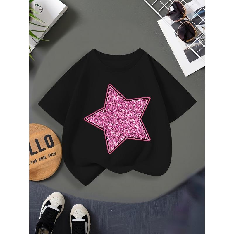 Gray Crewneck Kids Short Sleeve Tee, Sparkling Pink Star Print 110 чёрный