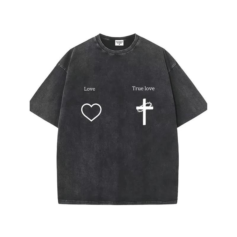 

Men S Washed T-Shirt | Retro Streetwear Style With Love And Cross Graphic Print, All-Season Comfort, Machine Washable, Summer,Relaxed Fit Shirt, Soft 5XL чорний
