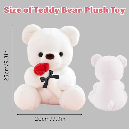 LIHIQIYA White Teddy Bear 25cm, Teddy Bear Holding Rose Plush Toy, Valentine's Day/Easter Gift for Girlfriend Wife