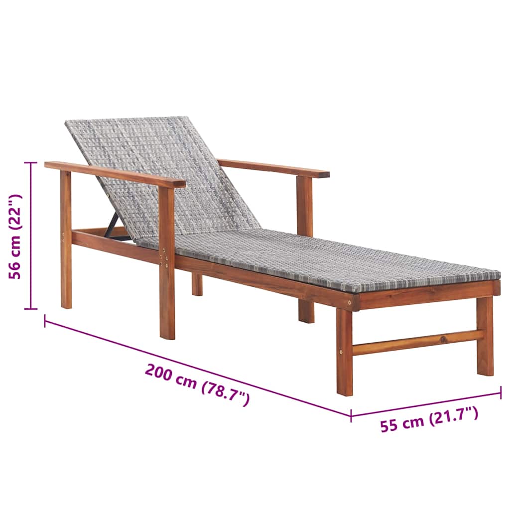 Sun Lounger in Poly Rattan and Solid Acacia Wood Grey