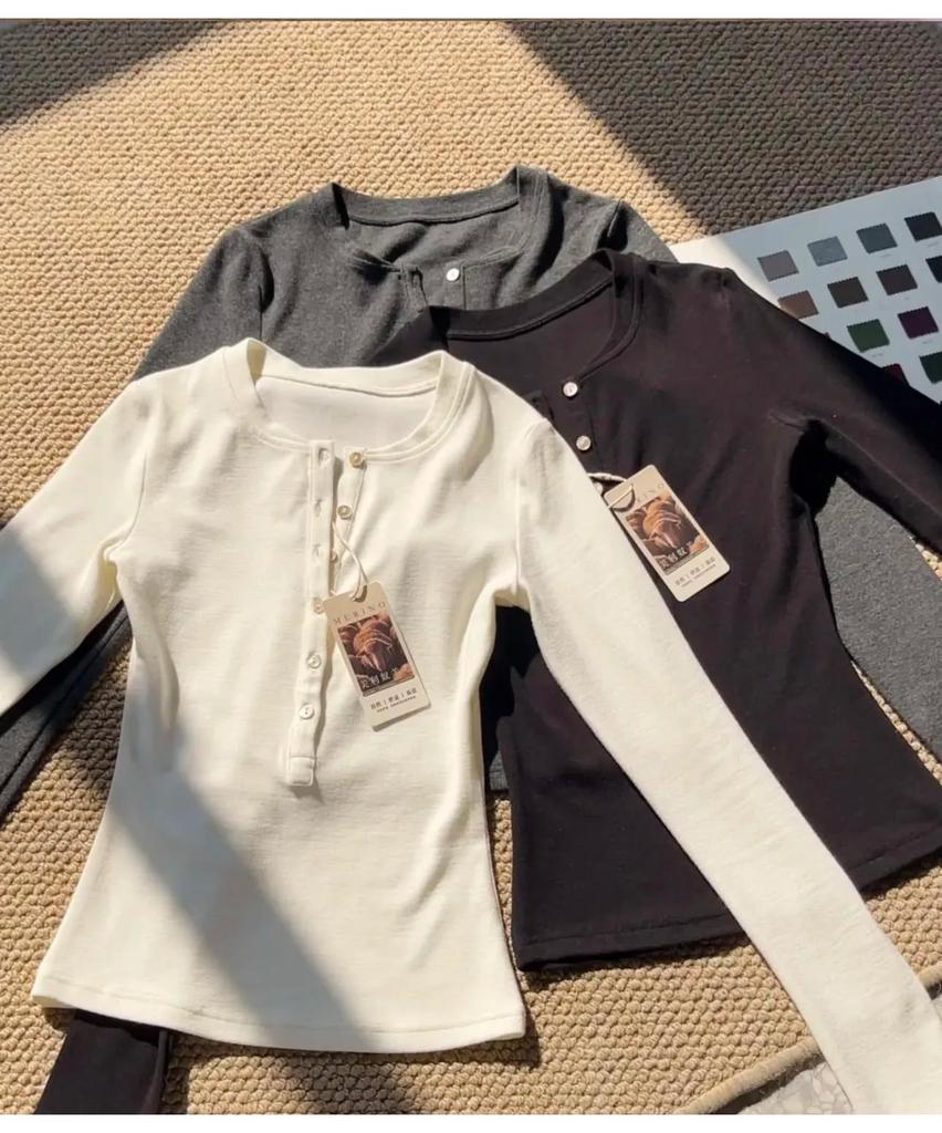 Women's Faux Cashmere Henley Neck Slim Fit Long Sleeve Top - Autumn/Winter Spicy Girl Style