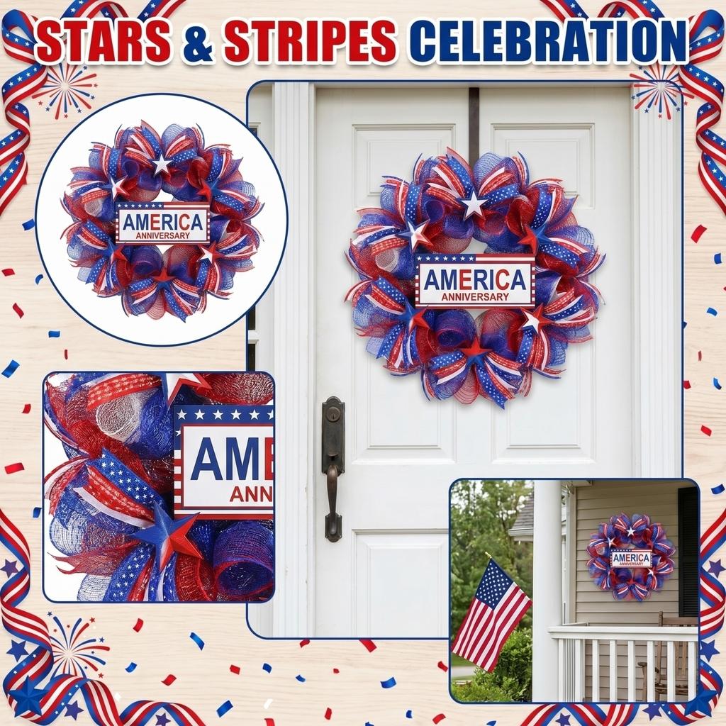 40CM Decorative Mesh Wreath for Door Window Home Holiday Entrance Patriotic Theme American Flag Pattern Anniversary Party Decor