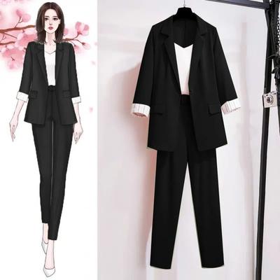 Estilo coreano verão fino jaqueta blazer casual calças de perna larga duas peças elegante conjunto de calças femininas escritório terno de negócios roupas