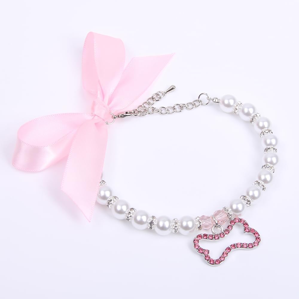 Dog Cat Pearls Necklace Collar with Rhinestones Bone Charm Pendant Pet Puppy Jewelry Accessory (Pink, Small)