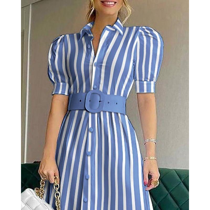 European and American Women's Clothing Striped Puff Sleeve Dress Shirt