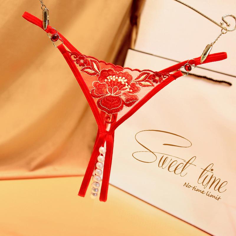 Temptation Rhinestone Beaded Thong - Women's See-Through Embroidered Open Crotch Sexy Panties 2270