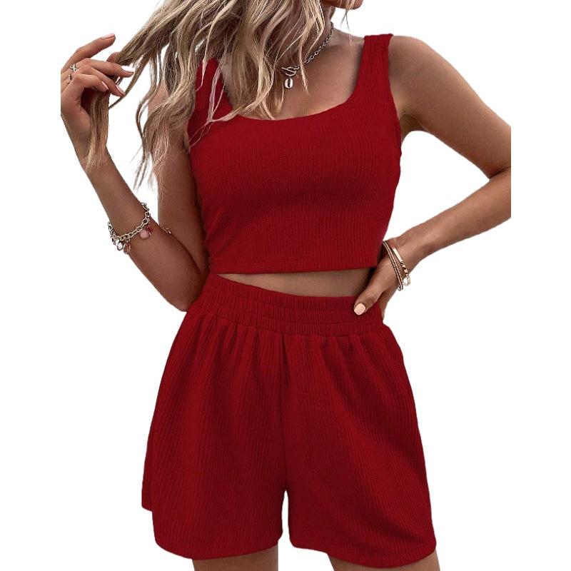Damen Zweiteiler Sommer Strick Ärmelloses Crop Top und High Waist Kurze Lounge Sets