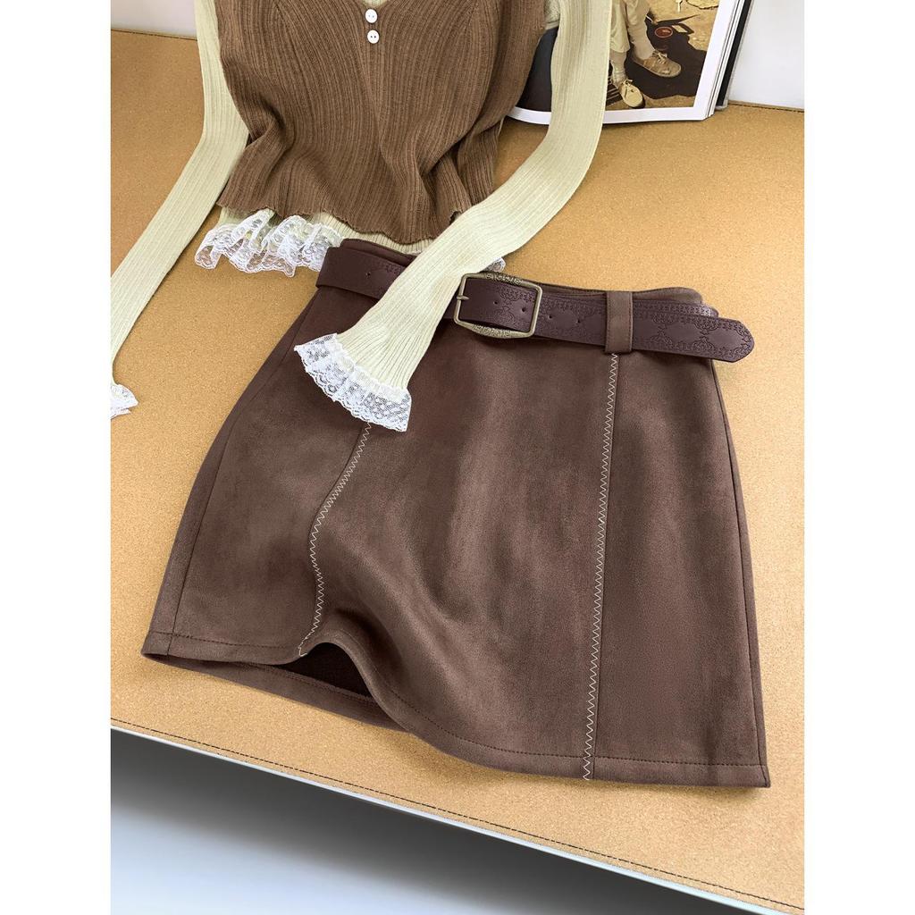 Coffee High-Waisted Suede Plush Mini Skirt - Women's 2026 Spring/Autumn Versatile A-line Elegant Half-Skirt