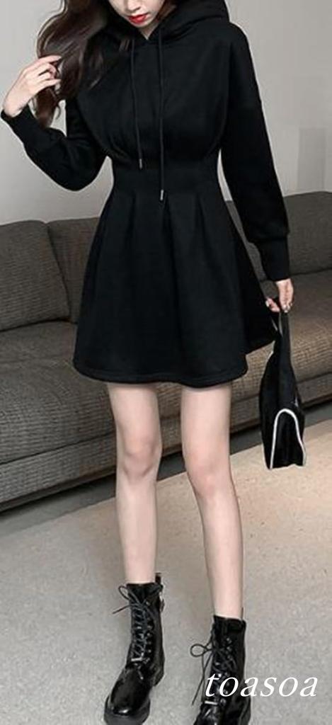 Long Sleeve Mini Dress with Flared Waist 01 [toasoa] Women's (Size - M, Black)