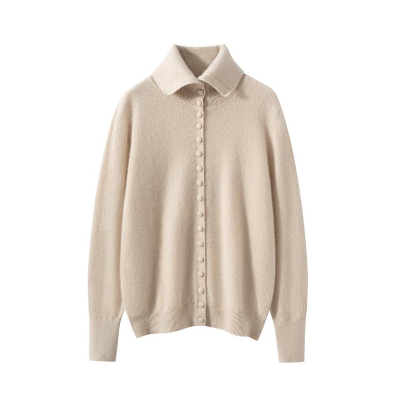 Women's Soft Solid Color Cashmere Knit Cardigan with POLO Collar