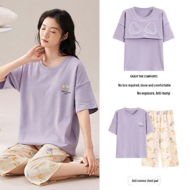 2025 Women's Summer Capri Pajama Set: Short-Sleeve, Thin Cotton with Breast Pads, Versatile for Home or Outside Wear