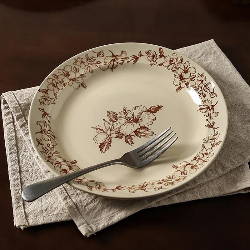 Retro French Style Ceramic Plates Luxury Restaurant Round Fruit Dessert Plate Breakfast Salad Sandwich Plate Household Tableware