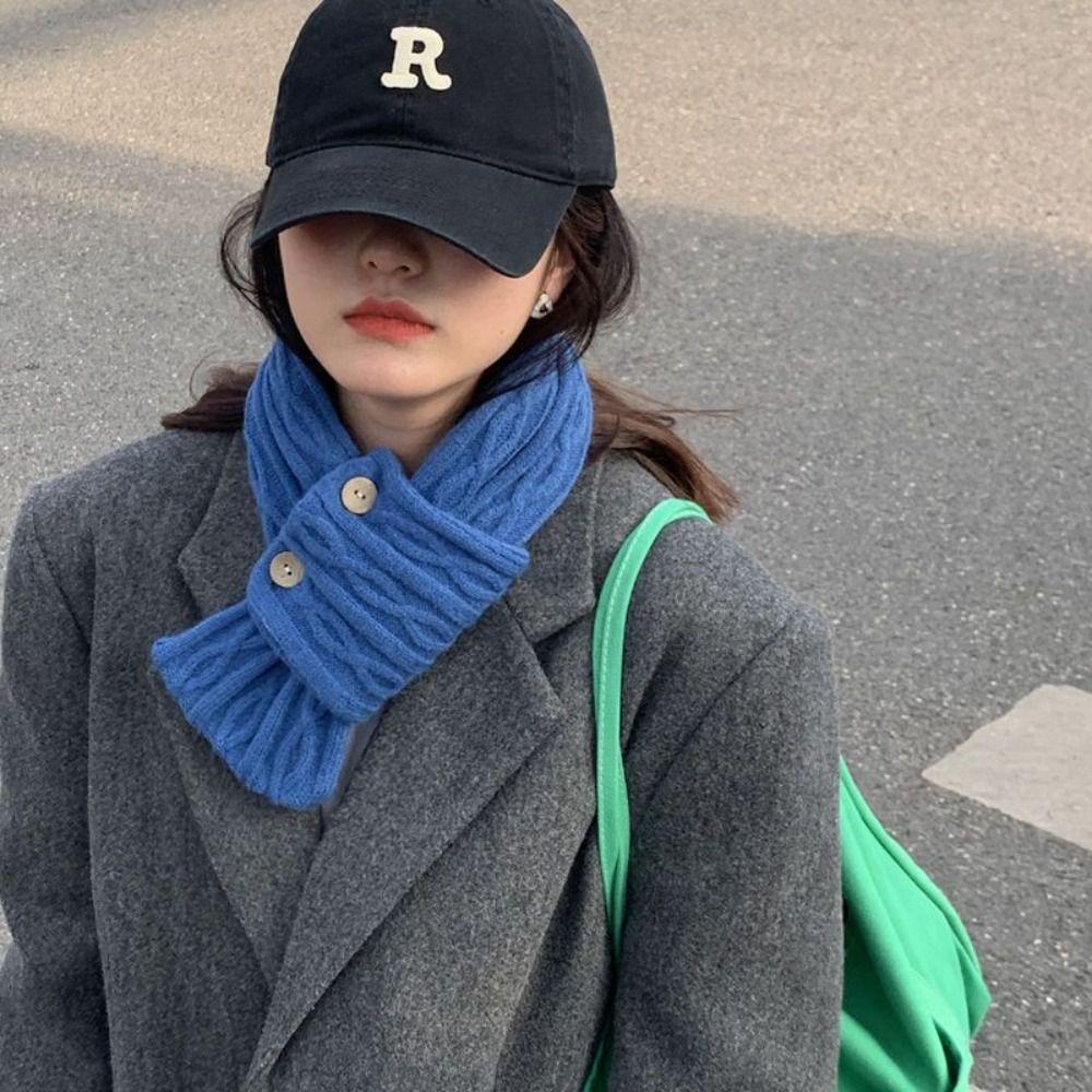 Windproof Knitted Scarf Button Women Winter Neckerchief Fashion Cross Scarf Autumn