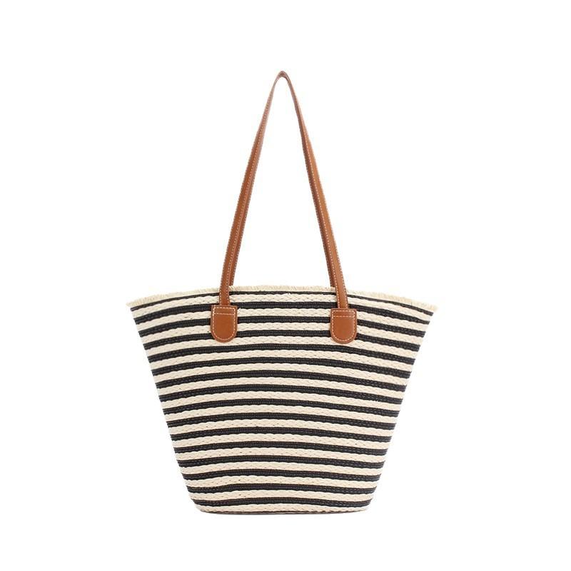 New large-capacity one-shoulder contrasting straw bag Versatile woven bag Women's casual tote bag vacation beach bag