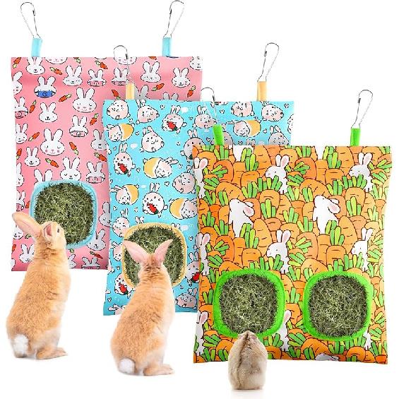 UP 3Pcs Hay Bag for Rabbits - 2-Hole Guinea Pig Hanging Hay Feeder for Rabbits, Chinchillas, Hamsters & Small Pets