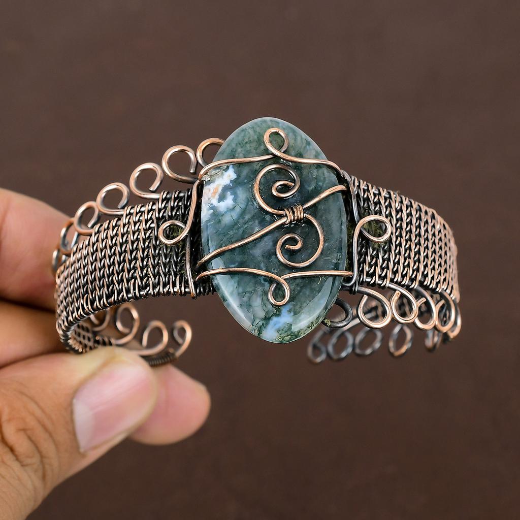 Natural Green Aventurine Gemstone Handmade Copper Wire Wrap Bangle Adj. H4d32