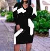 Women Plus Size V Neck Long Sleeve Black White Printed Fitted Straight Midi Dress