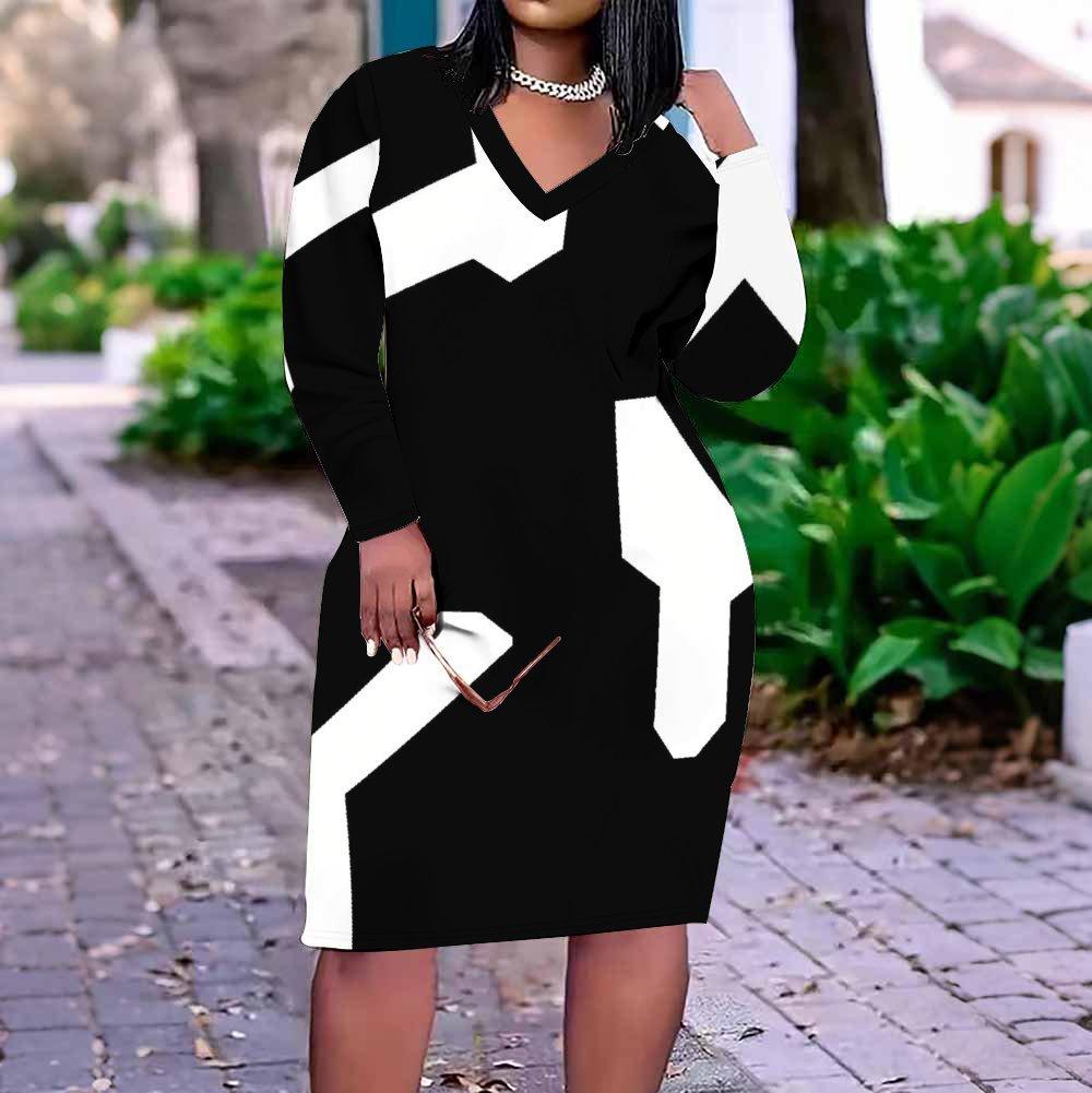 Women Plus Size V Neck Long Sleeve Black White Printed Fitted Straight Midi Dress