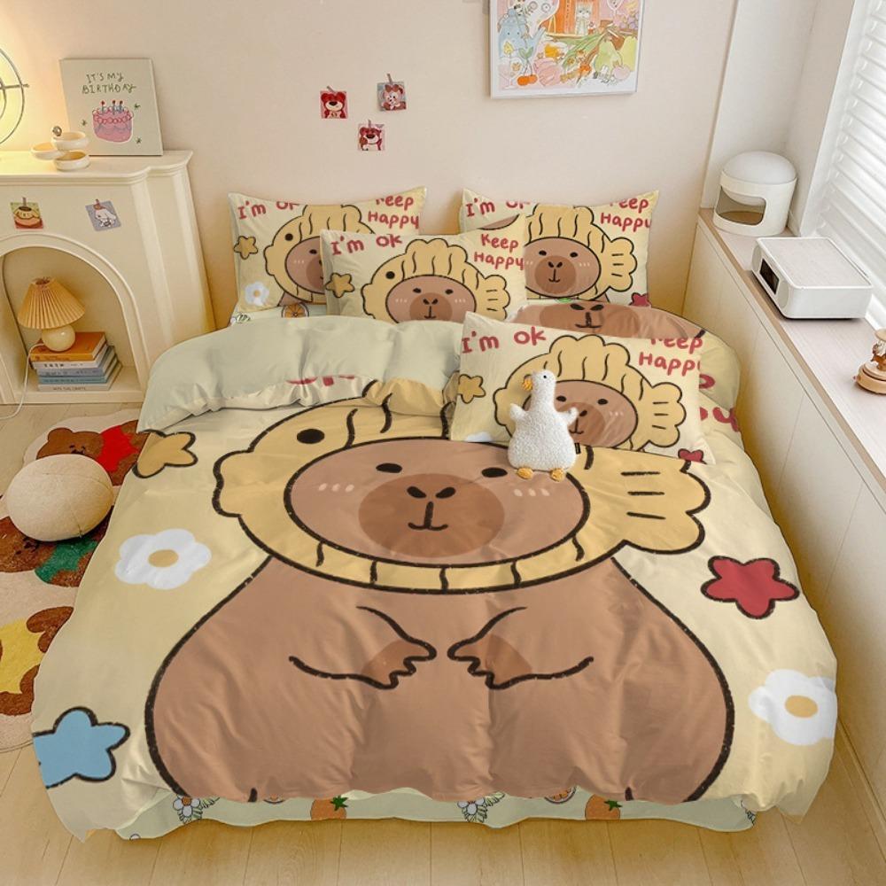 Motivo capibara dei cartoni animati, Set di biancheria da letto in microfibra, Biancheria da letto per bambini con cerniera, Decorazione per la stanza, Copripiumino per adolescenti e adulti, Set da 3 pezzi