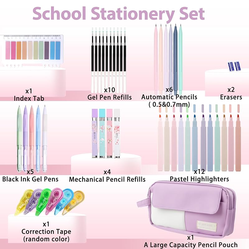 42-piece Student Stationery Set: Includes a Large-capacity Pencil Pouch/pencil Case, 12 Highlighters, 5 Black Ink Gel Pens, and 6 Mechanical Pencils.