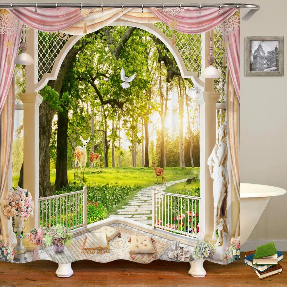 Badrum Vattentät Duschdraperi Polyester 3D Berg Trädgård Havssida Vacker Blomma Landskapstryck Hemdekoration Draperi