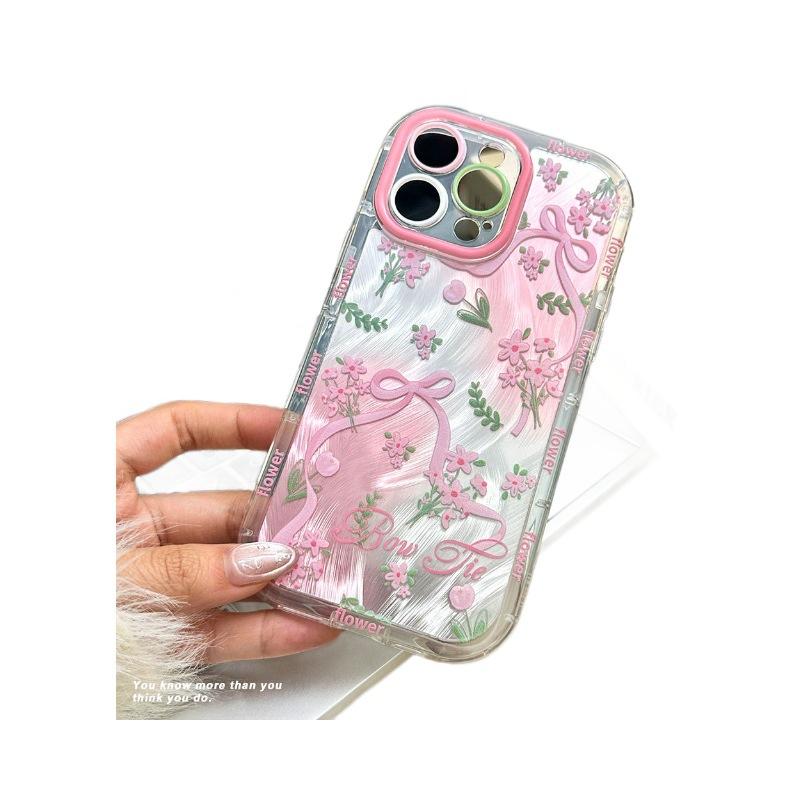 New Model Suitable for Iphone16promax Fine Hole Round Edge Feather Yarn Protective Case Apple 15 Bow 14 Mobile Phone Case